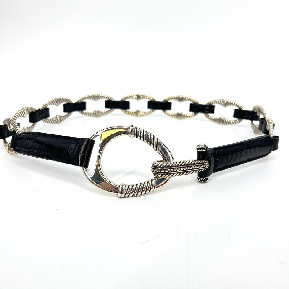 Brighton Black Reptile Embossed Leather and Silver Concho and Clasp Belt Size 36